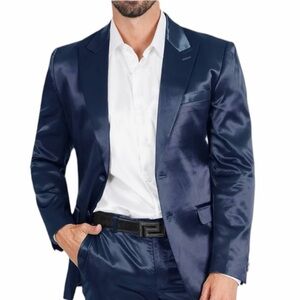 Egara Slim Fit Blue Satin Suit Jacket 40 R ( Pants 32 x 30 )